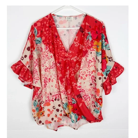 Umgee Be So Bold Top Medium Mixed Print Animal Floral Faux Wrap Ruffle Sleeve - Picture 1 of 6